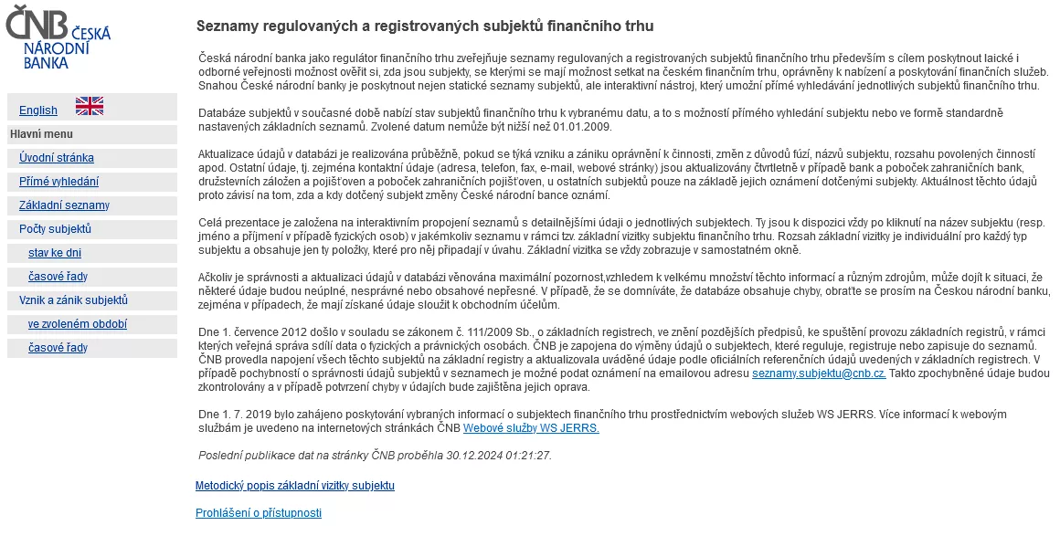 ČNB zjištění licence krok 1
